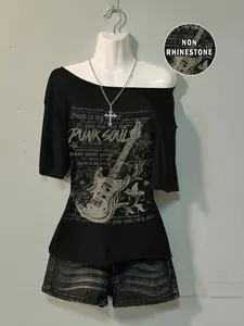 Y2K Alt Aesthetic Off-Shoulder Punk Soul Graphic T-Shirt Soft Fabric Casual Lady Everyday Daily Rock Print Top | Vintage Electric Guitar Design Oversized Half Sleeve Streetwear For Gen Z Trendy Outfits Retro Music-Inspired Loose Fit Comfy Tees