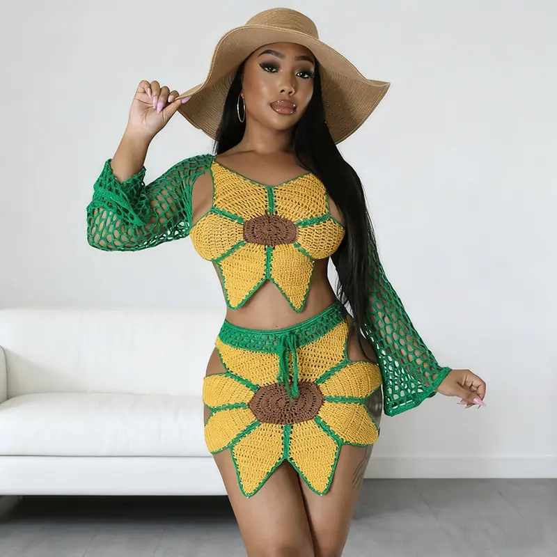 Echoine Crochet Skirt Set Two Piece Sunflower Design Women's Beach Coverups Summer Vacation Outfits Mesh Breathable Lightweight Statement Clothes Adjustable Style Long Sleeves