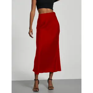 Elegant Solid Color Satin Maxi Skirt for Women - High-Waisted, Flowing Design, Machine Washable, Rich Burgundy Red, Perfect for Spring/Summer/Fall, Seasonal Attire |   Flowing Maxi Skirt |   Polyester Satin Blend