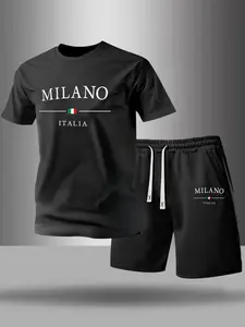 Men's Milan Letter Print Round Neck Short Sleeve Casual Matching T-Shirt + Waist Drawstring Shorts Set, Campus Sports Outdoor Leisure 2 Piece