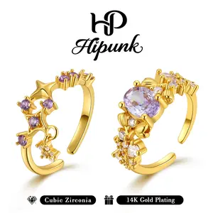 HIPUNK Women's 2-Piece Hollow Rings Set, Gold Open Band, Shiny Cubic Zirconia Star Moon Design, Adjustable Costume Jewelry with Gift Box