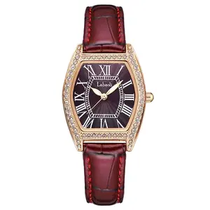 Rose Gold Tonneau Ladies Quartz Watch, Full Rhinestone Encrusted Bezel, Wave Textured Burgundy Dial, Classic Roman Numeral Markers, Thin Wine Red Stitched Leather Strap, Waterproof Vintage Elegant Party Wristwatch Gift For Women