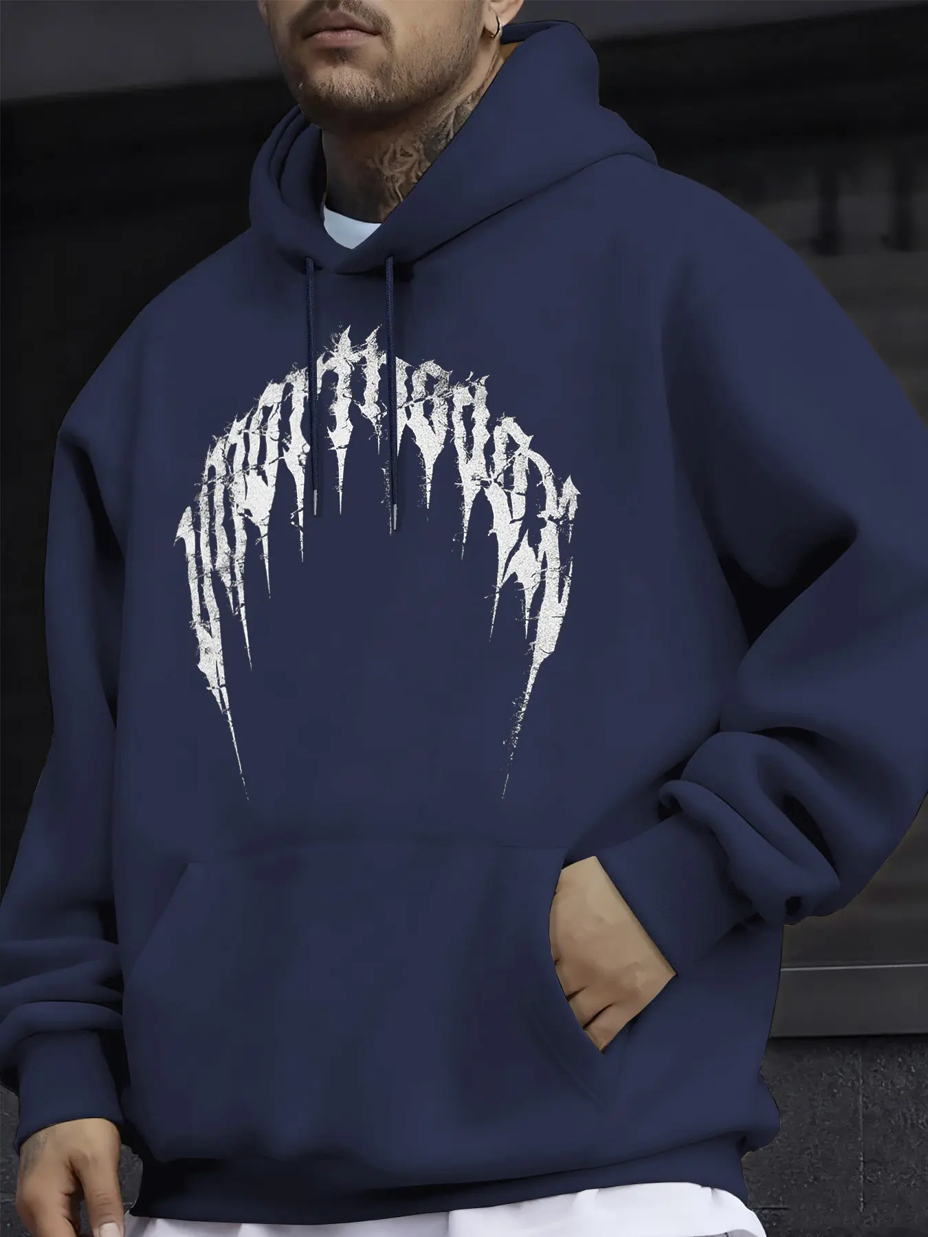 Men's Drawstring Hooded Loose-Fit Sweatshirt, Gothic Text Print, Casual Comfortable Fall & Winter Hoodie, Perfect Gift Idea