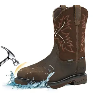 NINGO Men's Steel Toe Work Footwear - Waterproof Square Toe Cowboy Boots Walking Shoes Slip & Oil Resistant EH Rated for Construction Worker Closed Fasciitis steel toe shoes Bota Dark Brown