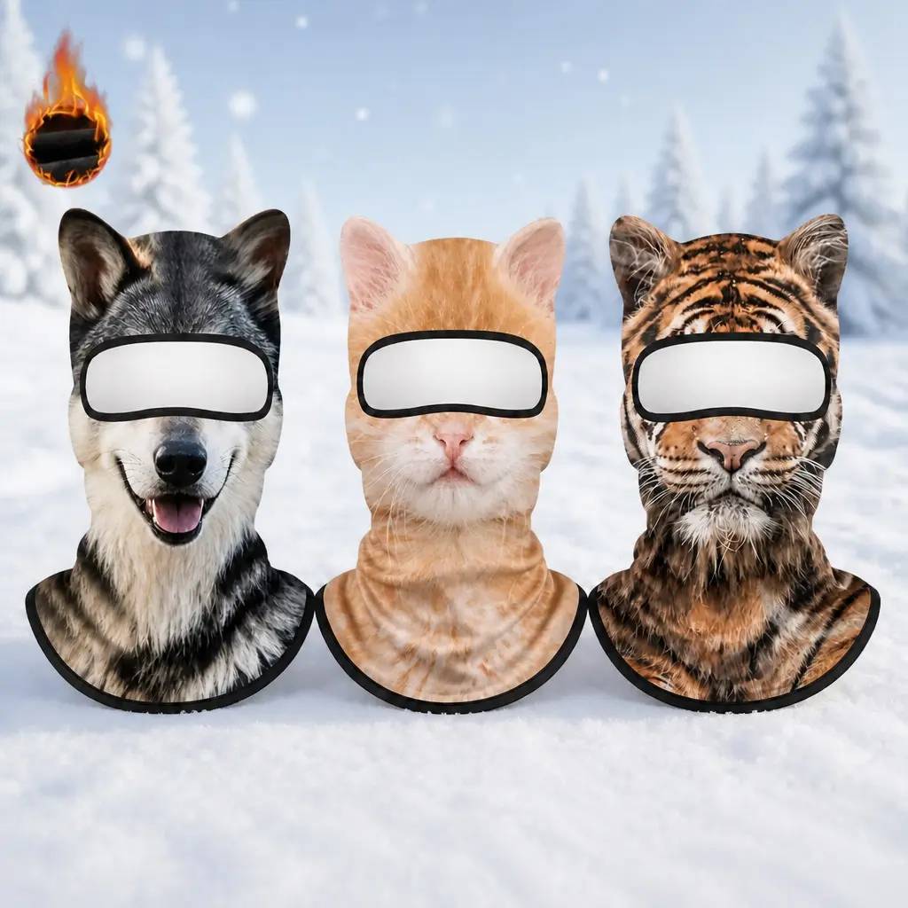 3D Animal Ear Animal Print Balaclava Hood Mask, Warm Fleece Lined Breathable Polyester Shiesty Ski Mask, Fun Unique Halloween Cosplay Party Accessory Gift for Men & Women