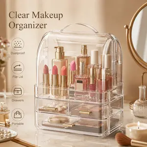 Large Capacity Clear Cosmetic Display Case | Dustproof Makeup Storage Box with Flip Lid & Drawers