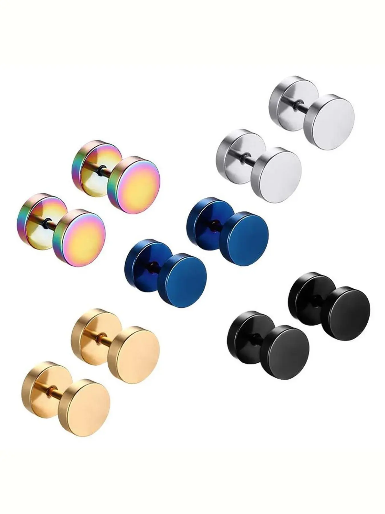 Men's Stainless Steel Barbell Stud Earrings, Punk Style Tunnel Pierced Ear Plugs, 5 Pairs, Durable and Stylish Styling Jewelry for Men, Ear Studs, Ear Accessories