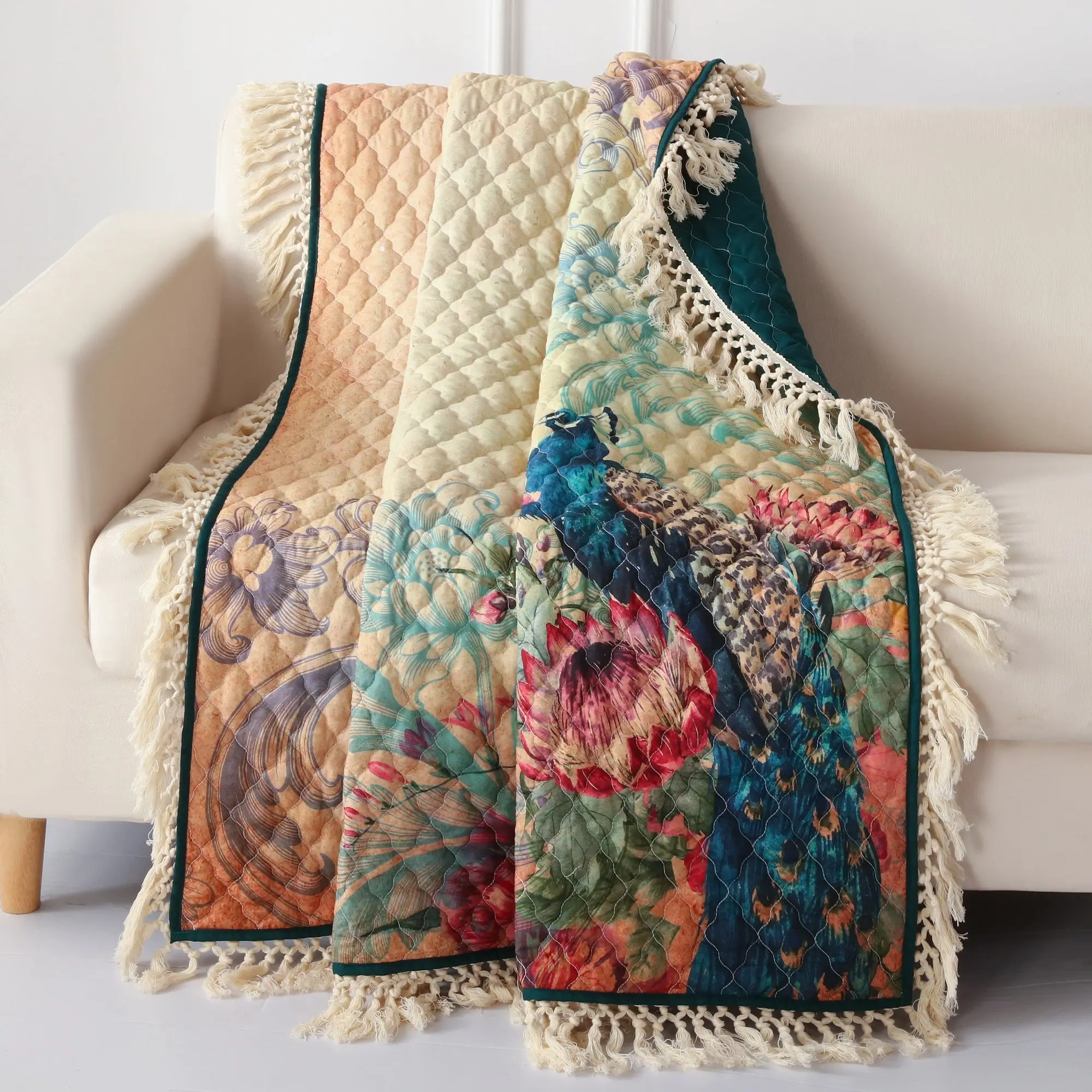 Greenland Home Eden Peacock Ecru Throw with Quilted Microfiber and Exotic Bird Design, 50 x 60 Inches