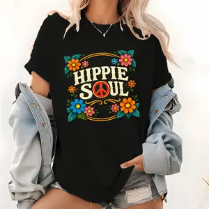 Retro Hippie Soul T-Shirt - Colorful Flower Peace Sign Boho Tee for Women, Vintage 70s Style Casual Shirt