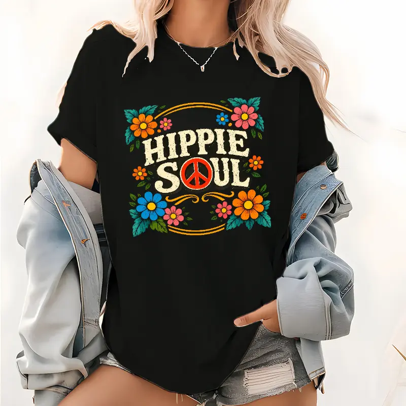 Retro Hippie Soul T-Shirt - Colorful Flower Peace Sign Boho Tee for Women, Vintage 70s Style Casual Shirt