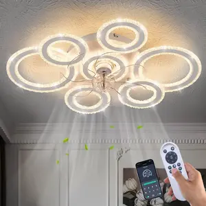 Ceiling Fan with Light and Remote, White Low Profile Ceiling Fans with Lights, Flush Mount Ceiling Fan with 3 Light Color 6 Speeds, Fandelier Ceiling Fan for Kitchen Living Room 7-Ring