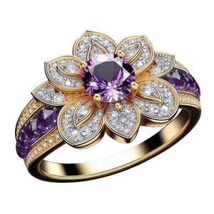 Lotus Amethyst and Diamond Chips Ring - Light Luxury, Elegant Costume Jewelry for Party Occasions