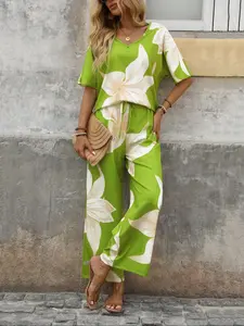 Women's Floral Print Blouse & Tie Front Wide Leg Pants Two-piece Set, Casual V Neck Top & Trousers for Summer, Ladies Clothes for Daily Wear, Womenswear