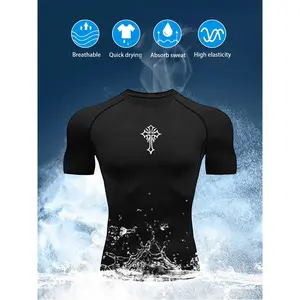 New cross-print men's compression T-shirt, men's sports tight-fitting T-shirt, men's gym running black quick-dry T-shirt for fitness and sports, breathable, high elasticity, quick-dry