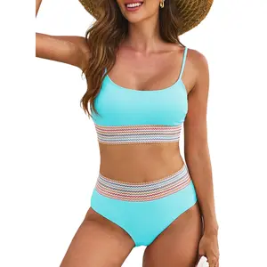 Eytino Women'S Bikini Sets Colorblock Trim 2 Piece Swimsuit High Waisted Bathing Suits for Women Scoop Neck Adjustable Spaghetti Straps Bikini Swimwear Blue XS