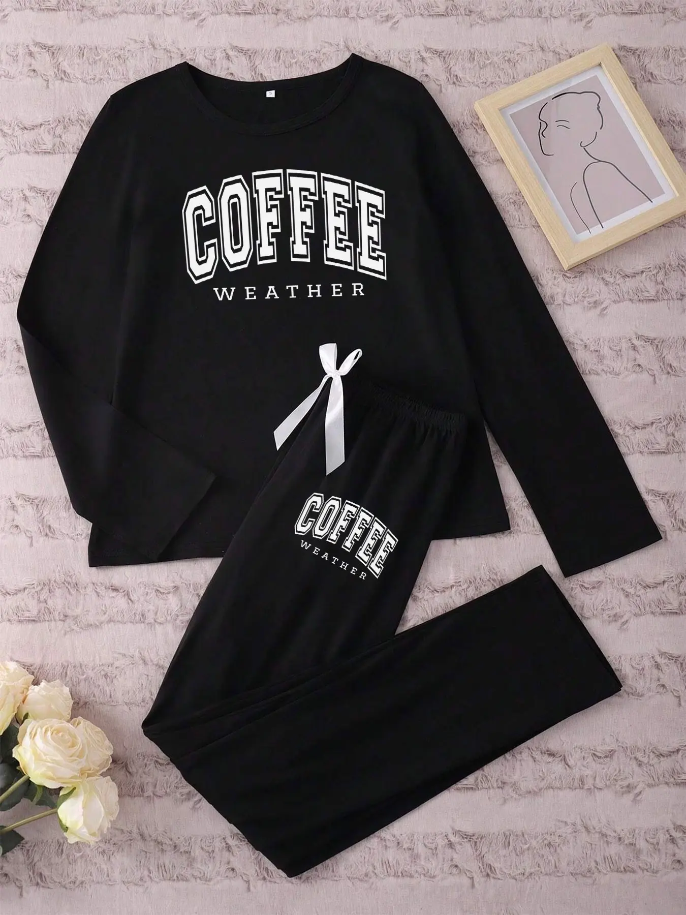Women's Long Sleeve Coffee Print Sleepwear Set, Casual Home Loungewear, Casual Fitted Pajamas for Spring & Fall, Comfortable Nightwear for Women