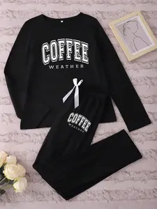 Women's Long Sleeve Coffee Print Sleepwear Set, Loungewear, Casual Fitted Pajamas, Pjs for Spring & Fall, Comfortable Nightwear for Women, Womenswear, Pants