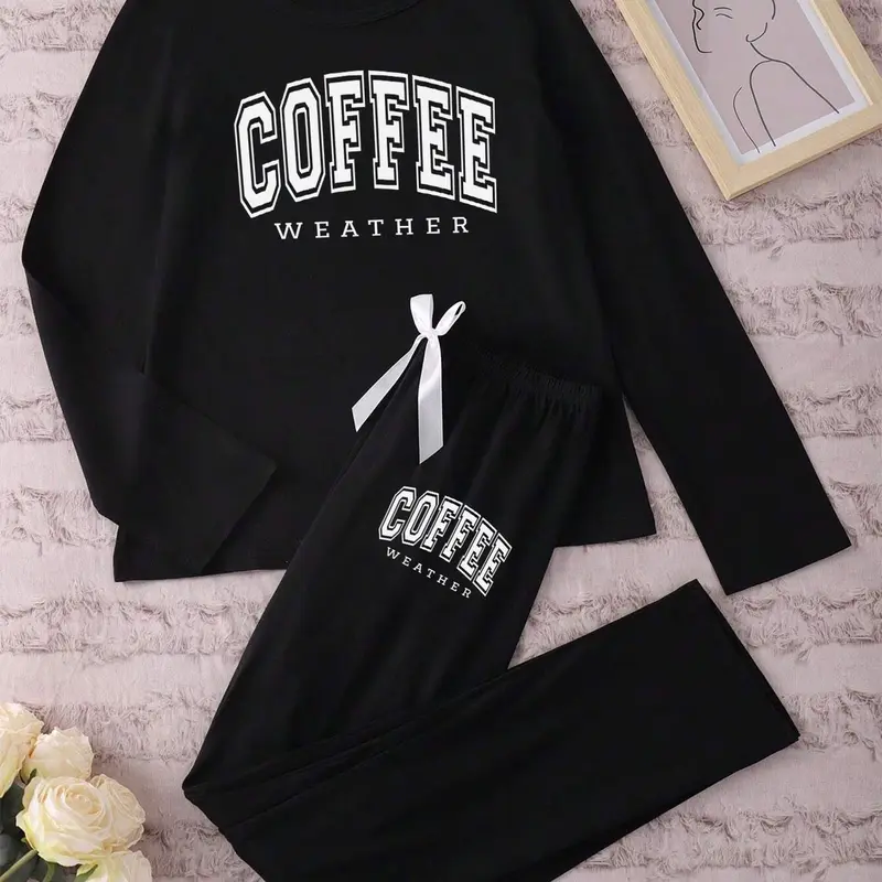 Women's Long Sleeve Coffee Print Sleepwear Set, Casual Home Loungewear, Casual Fitted Pajamas for Spring & Fall, Comfortable Nightwear for Women