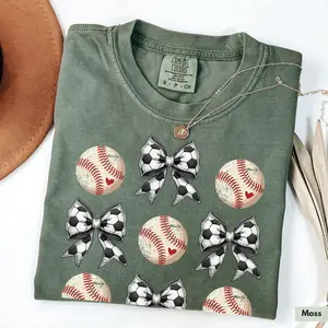 Comfort Colors Coquette Soccer Shirt, Soccer Mom Shirt, Baseball Soccer Shirt, Soccer Lover T-Shirt, Baseball Season Game Day Bow T-Shirt, Ball
