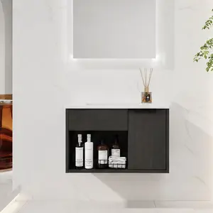24-Inch ARCH Wall-Mounted Floating Bathroom Vanity with Ceramic Sink, Modern Dark Oak Flat-Pack Wall Cabinet, Soft-Close Door, Open Shelf, Space-Saving Design for Small Bathrooms, Powder Rooms, Glossy White Color Option, Faucet Not Included, Flat-Pack Wal