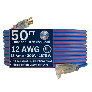 US Wire and Cable 12/3 Gauge Extreme Cold Weather Extension Cords – Heavy-Duty, 221°F to - 94°F Rating, Lighted Plug,  Blue and Red, SJEOOW, Weather-Resistant, Ideal for Outdoor and Indoor Use