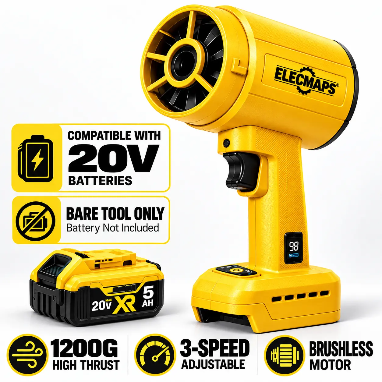 ELECMAPS Cordless Turbo Jet Leaf Blower, 1200G Brushless Model with Handheld Grip, 3-Speed Blow & Vacuum Function, Battery Display for Leaves, Dust