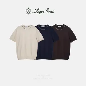 LazyRoad High-End Old Money Style Knit Sweater, Color-Blocked Collar T-Shirt, Wool-Blend Breathable Short-Slee-51611