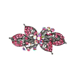 Antique silver hair barrette with complimenting color small rhinestones - Pink