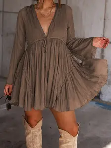 Women's V Neck Long Sleeve Dress with Pants Lining, Vintage Elegant Casual Spring Fall Mini Dress, Loose Fit Plain Pattern