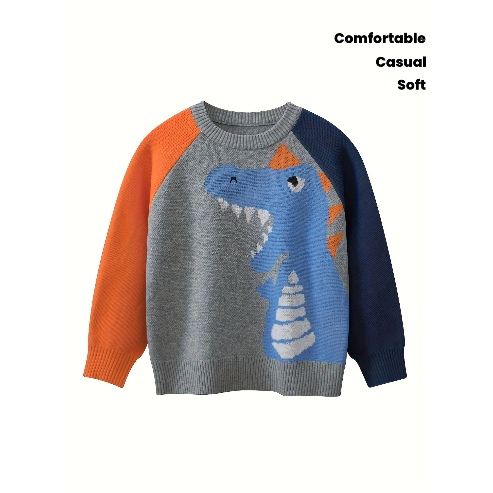 FriendMily Boys' Dinosaur Cartoon Knit Sweater - Cozy Long Sleeve Pullover with Colorful Stripes, Soft & Comfortable for Fall/Winter, Casual Round Neck Sweater for Youngsters, Dinosaur Clothes, Youngsters'S Winter Wear, Playful Youngsters'S Design, Comfor