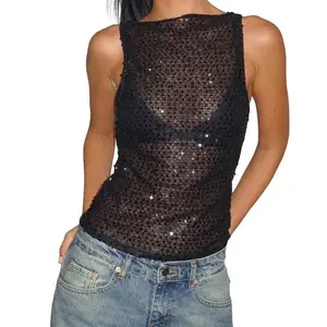 Women Sequin Crochet Knit Tank Top Vest Sexy Sparkly Sleeveless Semi-sheer Mesh Y2k Vintage Going out Tops
