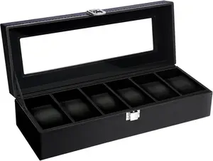 Uten 6-Slot Watch Box Organizer - Large Glass Lid, Black Lining Jewelry Storage Case for Men & Women Gifts