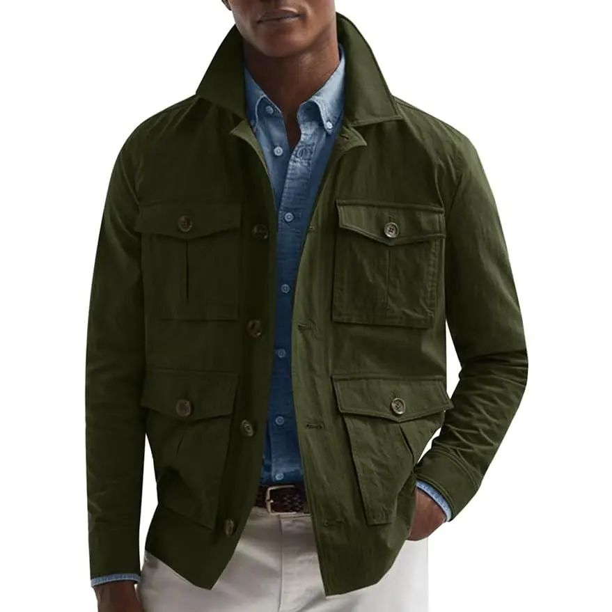 PASLTER  Mens Lightweight Safari Jacket Casual Button Up Jacket Windproof Work Coat with Pockets M4B310 Menswear Tops