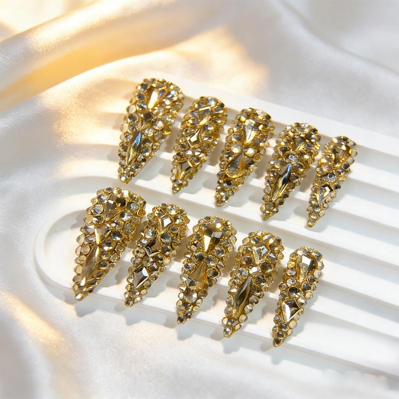 Bohemian 10PCS 3CM Long Waterdrop Pointed K9AB Champagne Gold Glass Full Diamond Luxury European & American Pure Handmade Wearable Nails