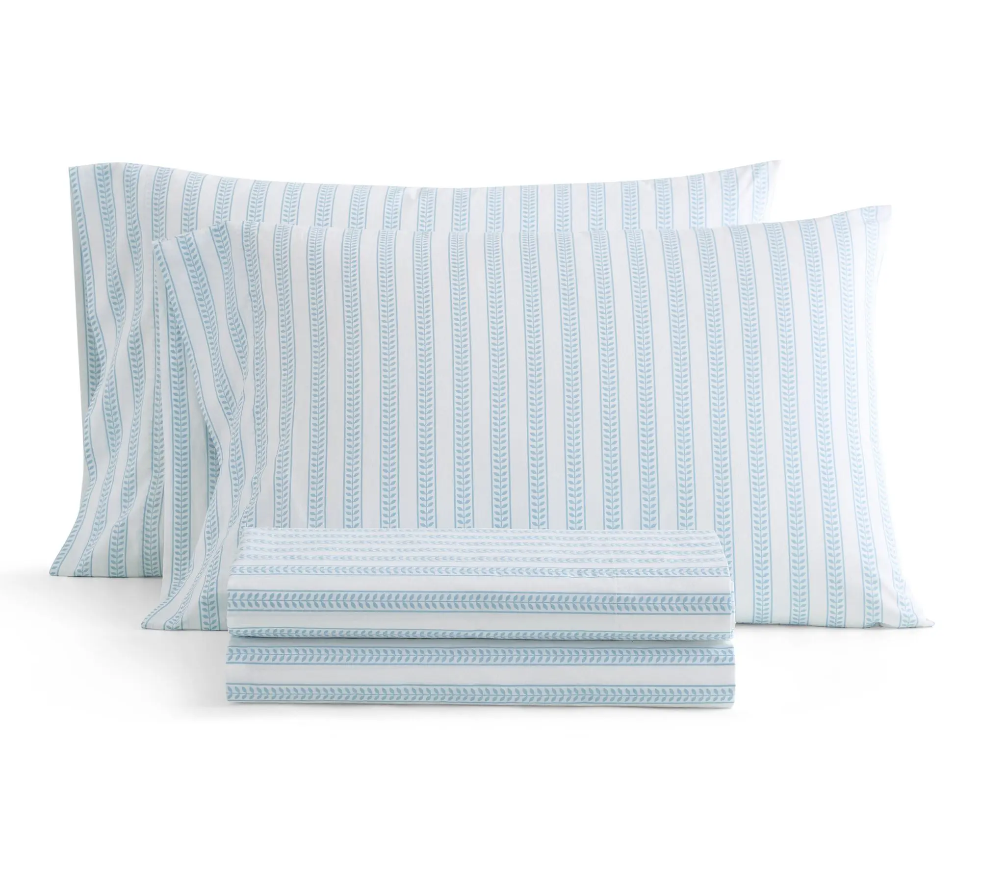 Martha Stewart Leaf Stripe White/Blue Cotton Twin Sheet Set
