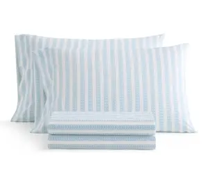 Martha Stewart Leaf Stripe White/Blue Cotton Twin Sheet Set