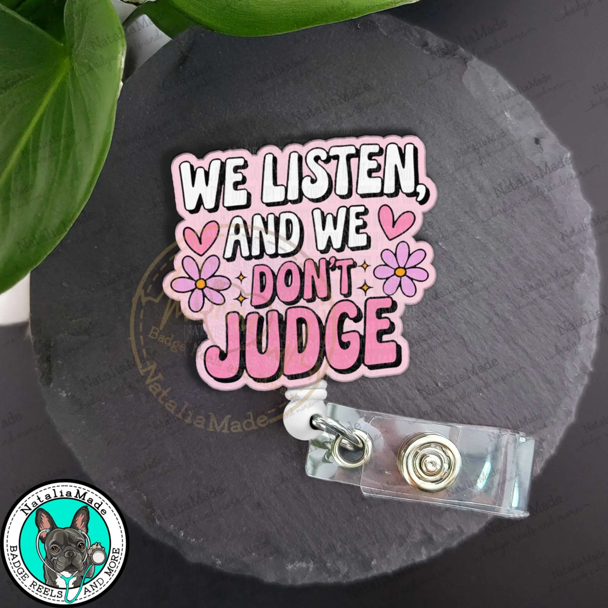 NataliaMade Funny Badge Reel- We Listen and We Don't Judge ID Badge Holder for Nurses, Healthcare Staff, Teachers, Retail Workers, Unique Handmade Dar
