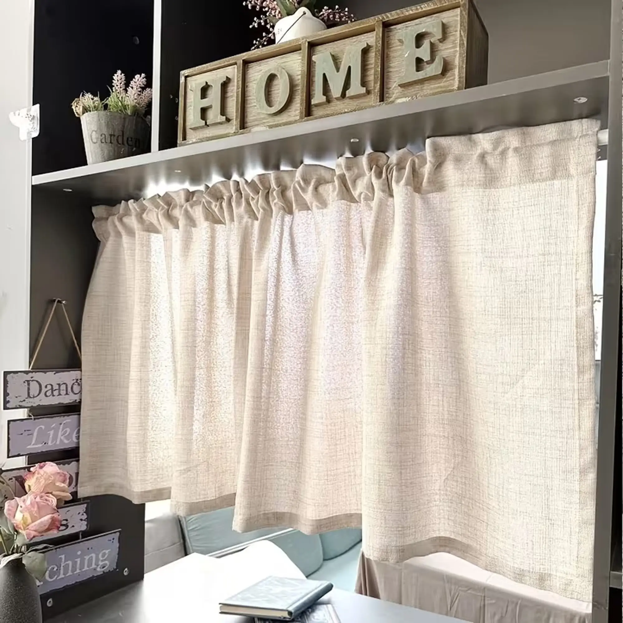 1pc Cream Wind Cotton Linen Half Curtain Short Blind, Office Bookshelf Window Cabinet Curtain, Transparent Light Blocking Kitchen Curtains, Privacy Grommet Curtains, Window Drapes