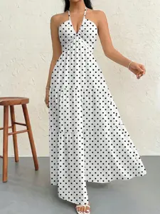 Elegant Ruffled Waist Dress, Polka Dot Patchwork Design, Fashionable Pleated Skirt, Slim Fit, Stylish Women's Clothing, Elegance, Summer