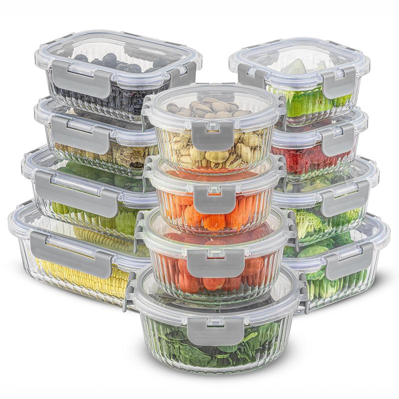 JoyJolt 24pc Fluted Glass Storage Containers (12 Airtight, Freezer Safe Food Storage Containers and 12 Lids), Pantry Kitchen Storage Containers, Glass Meal Prep Container for Lunch, Glass Storage Containers with Lids