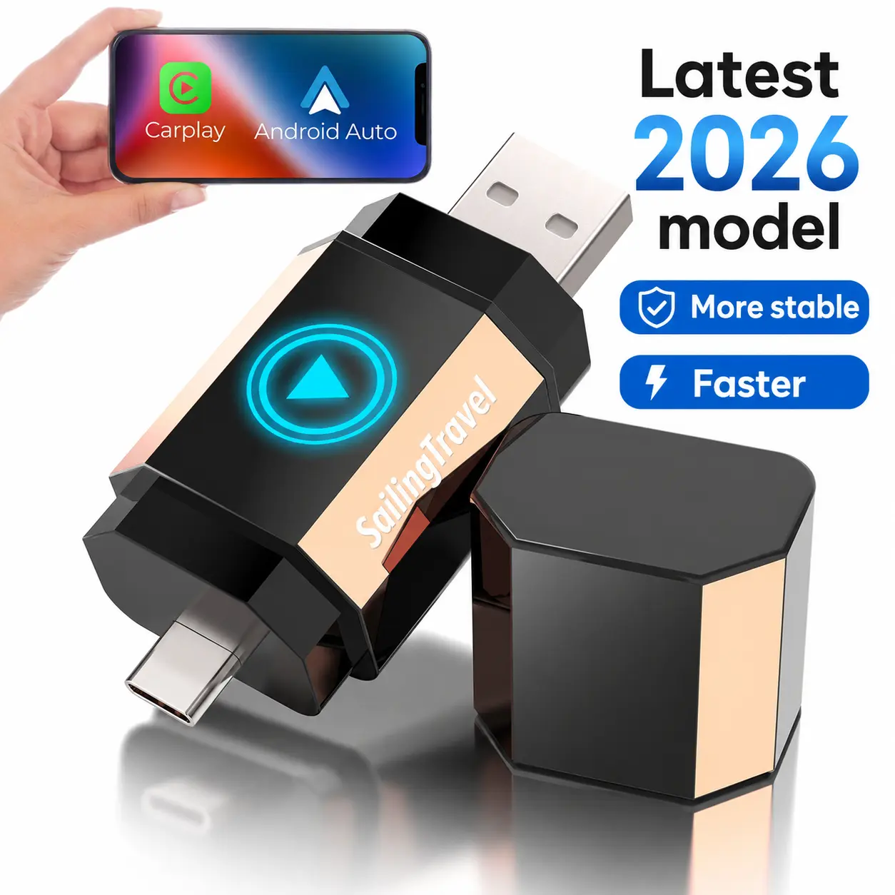 Wireless CarPlay & Android Auto Car WiFi Adapter - Built-in Magnetic Mount, Mini USB/Type-C 2.0 Dongle for iPhone & Android, 0-Lag Plug-and-Play Universal Compatibility Bluetooth