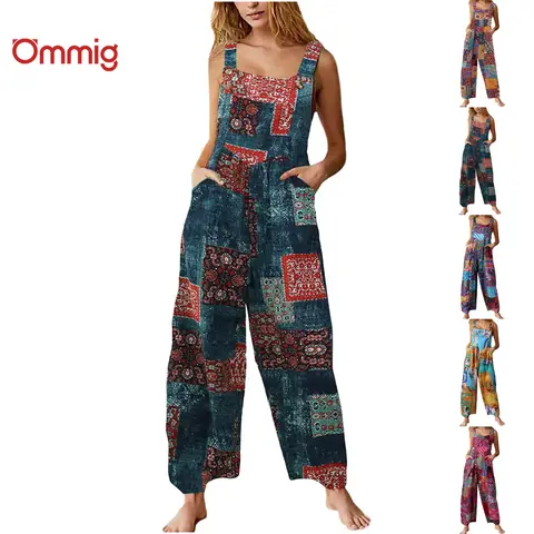 Ommig Women's Classic Boho Basics Patchwork Dual-Pocket Loose Floral Print Wide-Leg Bib Overalls, Casual Athletic Outdoors Wear for Women