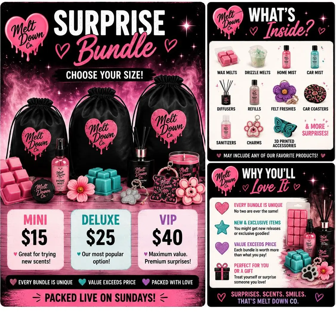 Melt Down Co. Curated Deluxe Wax Melts Surprise Bag - VIP Edition Aromatherapy Mini Bundle, Includes 1 Accessory, All-Season Office Stationery & Supplies Gift (Curated Bags Surprise Mix)