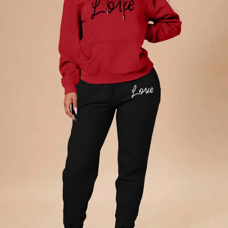 Women's Letter Print Hoodie & Pants Two-piece Set, Casual Fashion Set, Casual Lounge Set, Casual Long Sleeve Hooded Pullover & Jogger Pants for Fall & Winter, Women's Clothes for Daily Wear, Casual Outfits Women