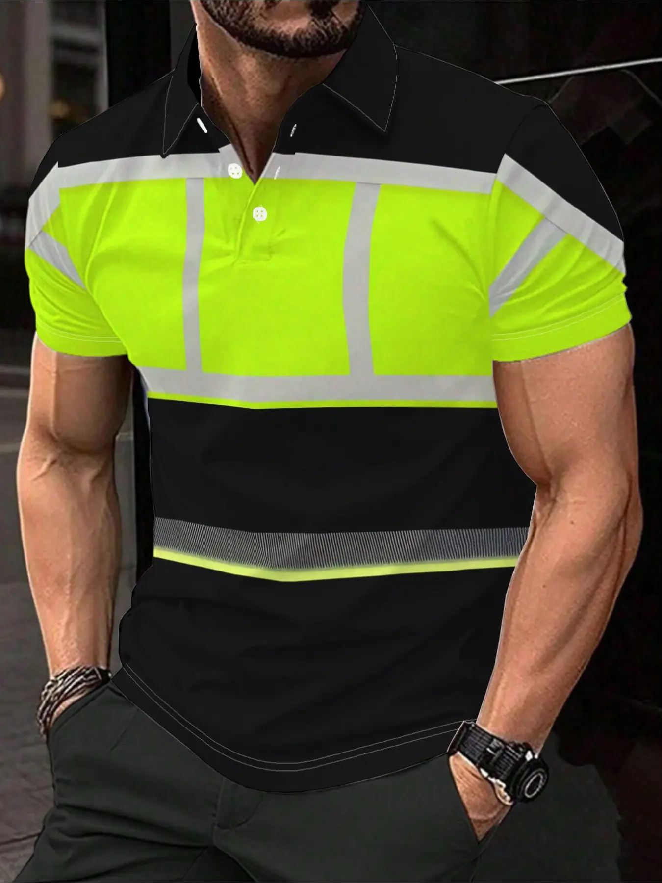Men's short-sleeved polo shirt, Casual Polo Shirts, Flat digital printed pattern, No texture, Bright green and black stripes form an abstract pattern, Simple short-sleeved polo shirt with buttons and a casual collar, Streetwear Collared