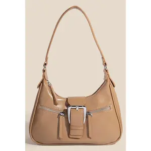 Fame Large Buckle Triple Zipper Hand Bag - Tan PU Leather Shoulder Bag with Adjustable Strap & Silver Hardware