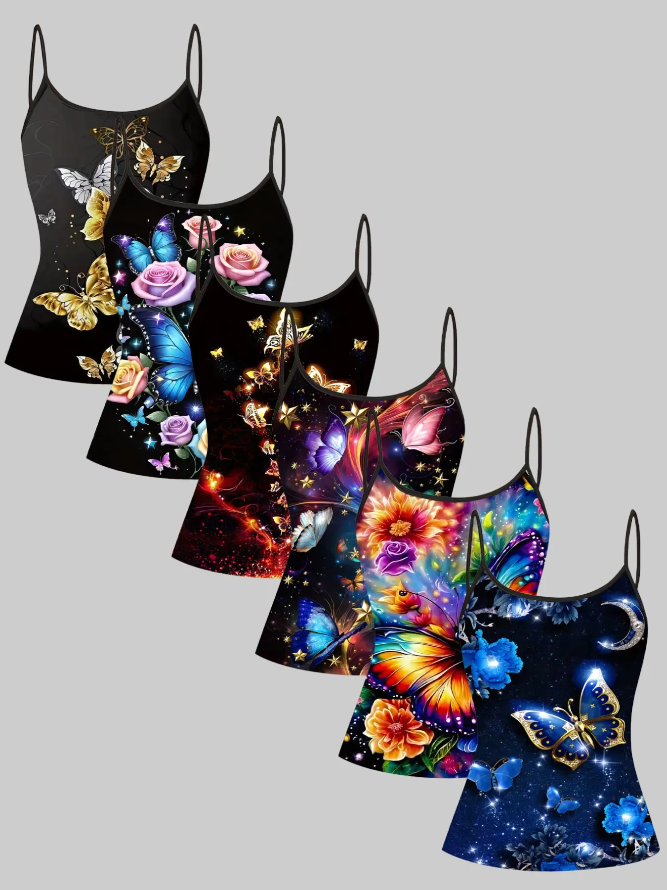 6 Piece Set Sleeveless Strap Vest Tops, Casual All Season Wear, Slim Fit Print Design, Perfect for Daily Home Commute Party, Casual Fashion Clothing