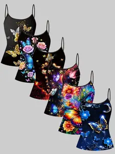 6 Piece Set Sleeveless Strap Vest Tops, Casual All Season Wear, Slim Fit Design, Perfect for Daily Home Commute Party