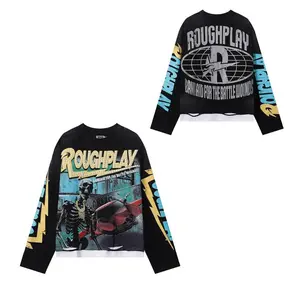 Roughplay American Cotton Retro Style Long Sleeve Men Women Jesus Print Skull Rockabilly Washed Out T-Shirt Vintage Design Tee