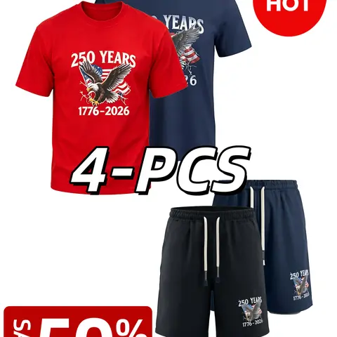 Men's 2 sets cotton "250 Years 1776-2026" American Eagle Graphic Tee & Shorts Set | Patriotic Cotton Loungewear Outfits  Menswear